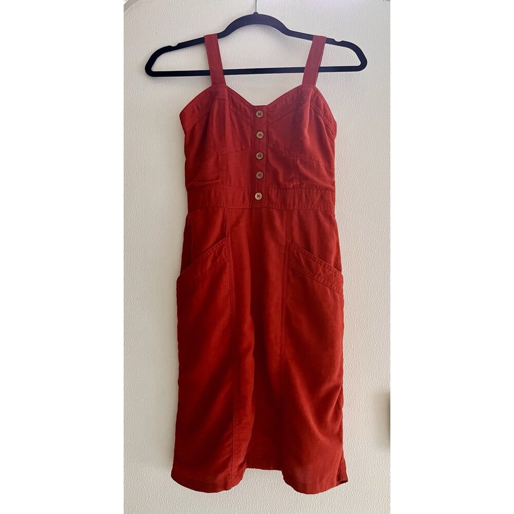 NWOT Japna Linen Blend Tank Knee Length Dress Pockets Womens XS Rust Red Orange